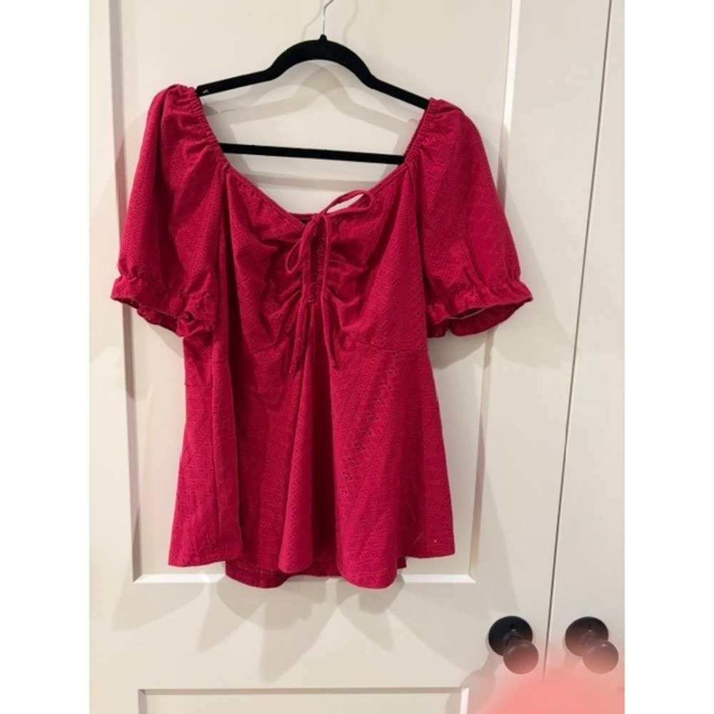 Shein Curve Magenta Pink Eyelet Puff Sleeve Tie Front Peplum Blouse 2XL